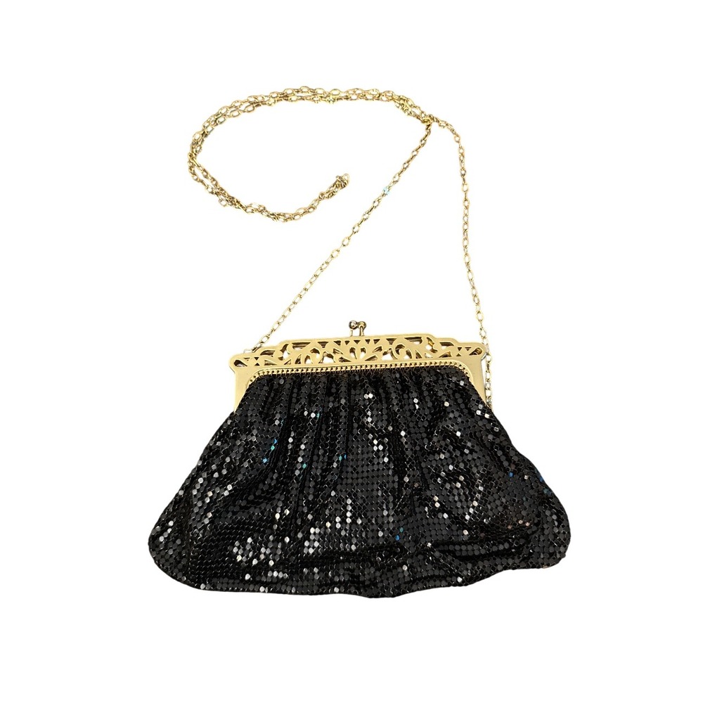 Whiting & Davis Black Mesh Evening Bag Vintage Gold Chain Frame Kiss Lock Clutch